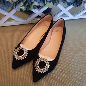 J.CREW BLACK SUEDE POINT TOE RHINESTONE BUCKLE FLATS